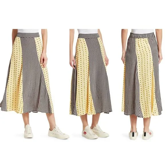 GANNI Daisy Printed Floral Crepe Paneled Maxi Skirt Gingham Yellow Flowy EU 40 - Picture 14 of 15